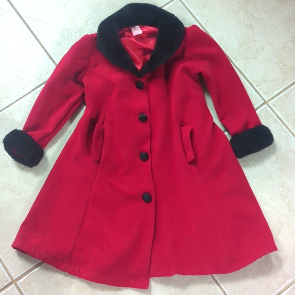 Girls size 8 red and black dressy X-mas pea coat